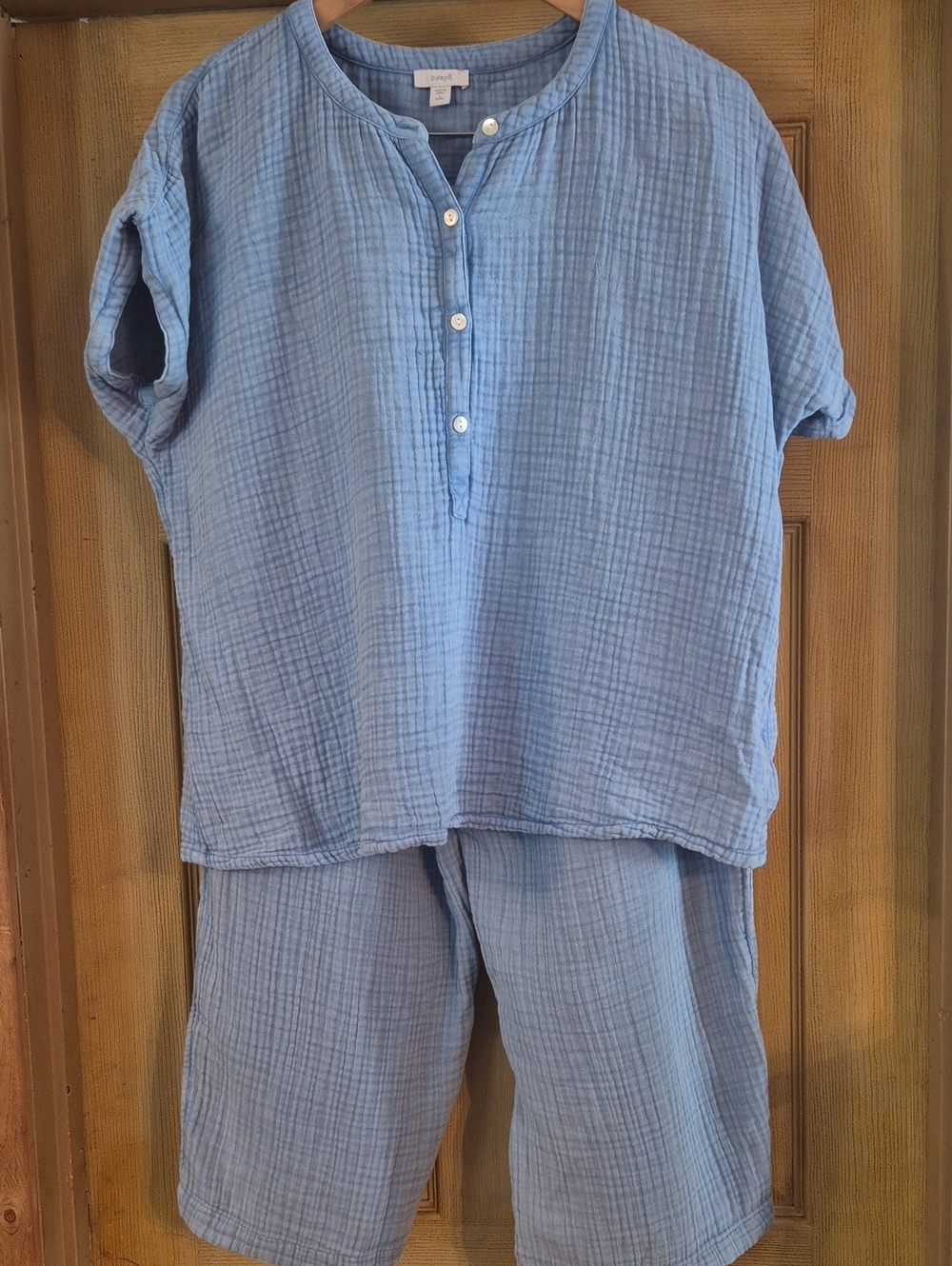 Pure Jill Large Petite 100% Cotton Top And Pant Set Pull Over And Pull On Blue